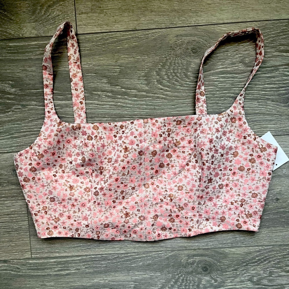 NEW Cinq à Sept Pink Gold Floral Print Spring Summer Bra Crop Top Size M